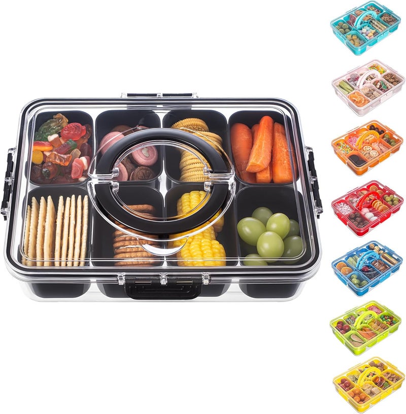 Dingerjar Divided Serving Tray with Lid and Handle - Snackle Box Charcuterie Container for Portable Snack Platters Organizer for Candy, Fruits, Nuts, Snacks - Perfect for Party, Entertaining, Black - Image 1